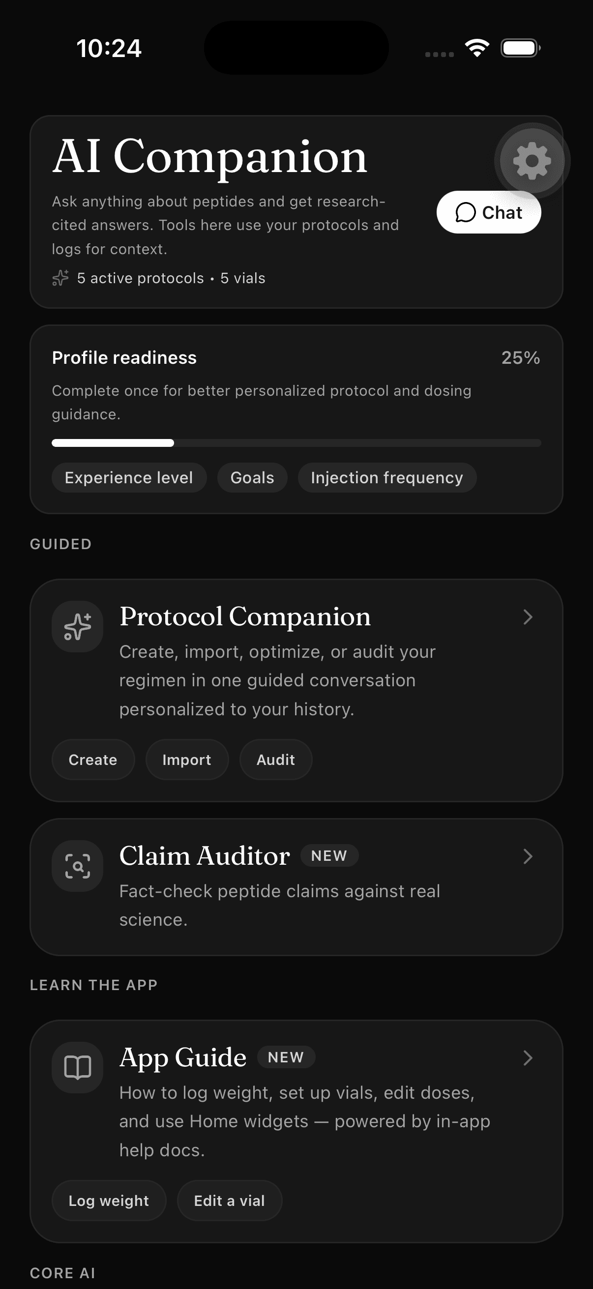 PeptIQ AI companion for guided answers and protocol help