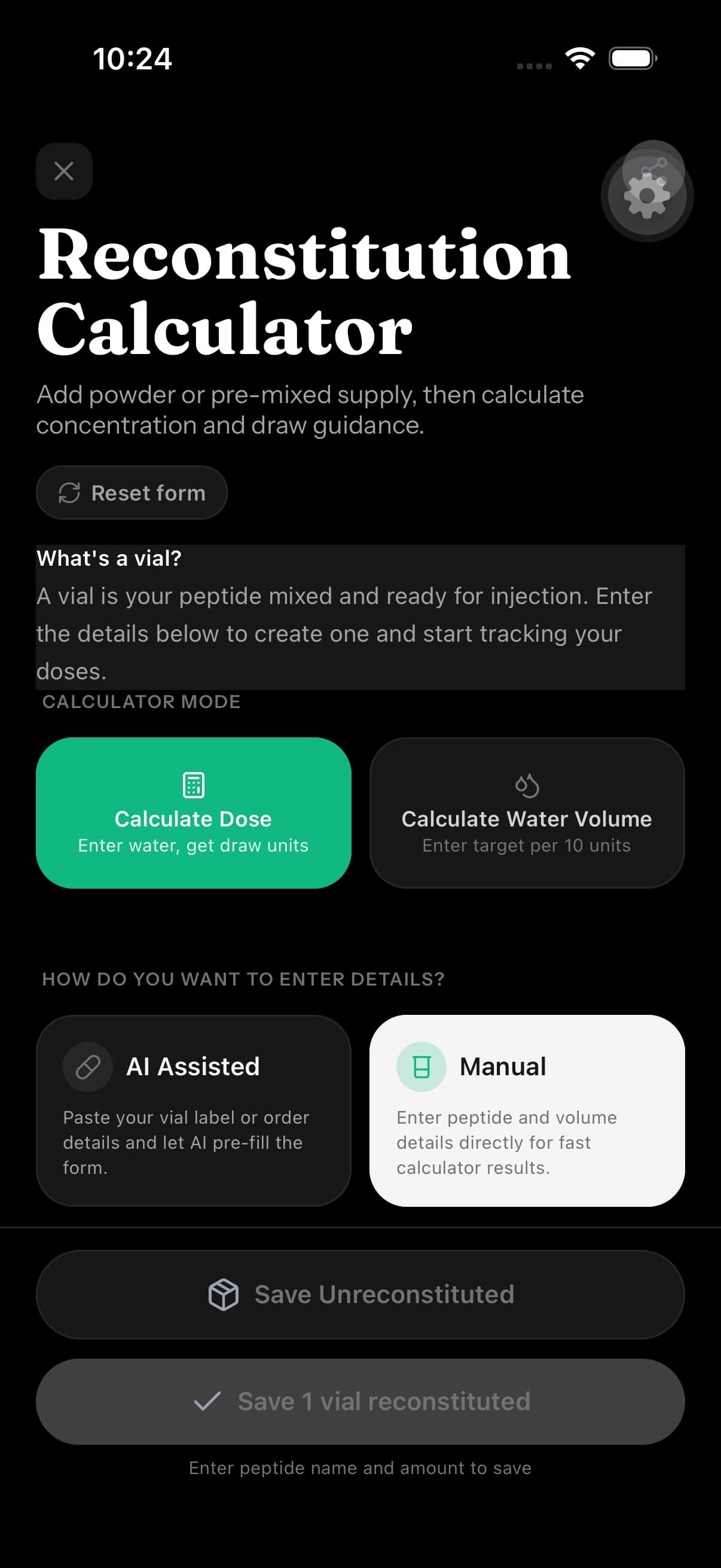 PeptIQ reconstitution calculator for concentration and draw units