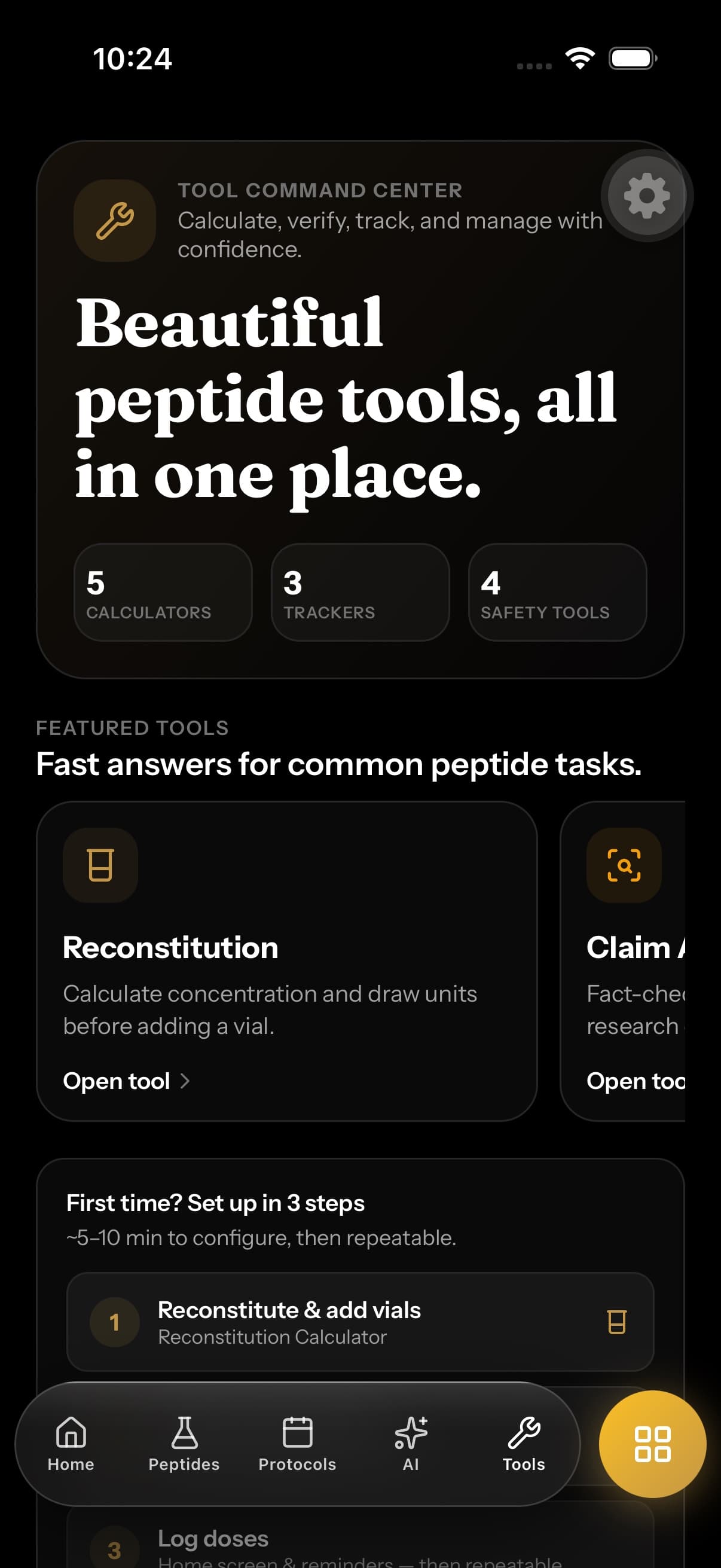 PeptIQ tools hub with reconstitution and measurement calculators